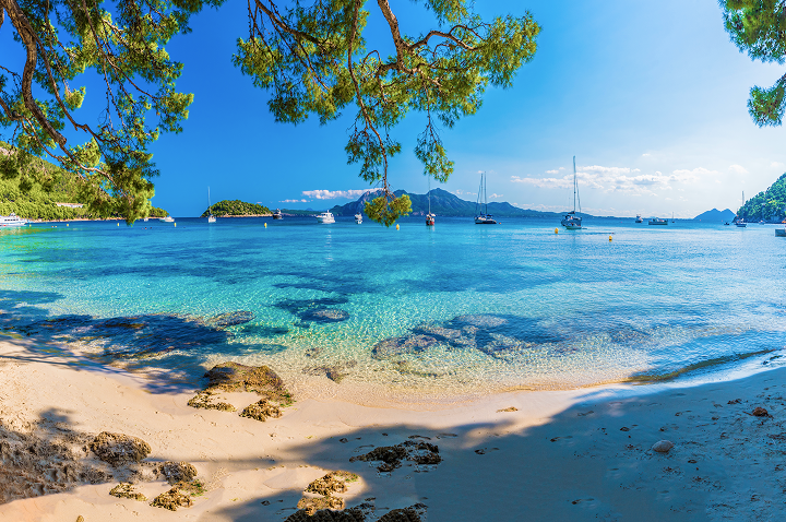Klares, türkisfarbenes Meer mit mehreren Segelbooten, Sandstrand im Vordergrund und Bäume am oberen Bildrand.