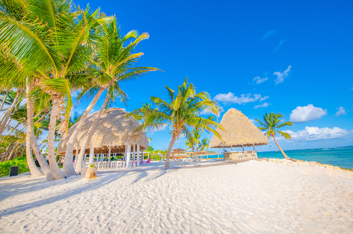 Strand mit weißem Sand, Palmen und zwei Strohdachhütten unter blauem Himmel mit wenigen Wolken. Strand mit weißem Sand, Palmen und zwei Strohdachhütten unter blauem Himmel mit wenigen Wolken.